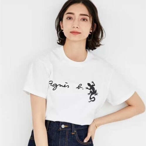 Agnes chữ thằn lằn Little B Straw in hình giản dị Cotton cao cấp Áo thun ngắn tay nam và nữ