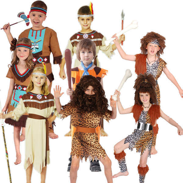 Mới Halloween Cosplay Trẻ Em Savage Trang Phục Primal Ấn Độ Quần Áo Tribe Savage Hunter Trang Phục