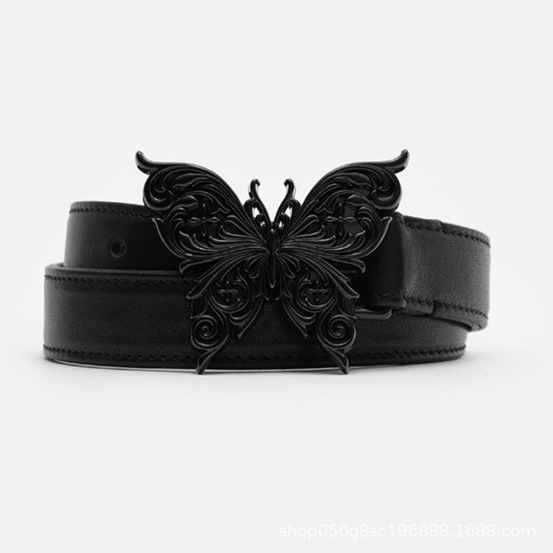 Compass badge belt, black balloon belt, vegetable-tanned cowhide vintage silver thin belt, decorativ