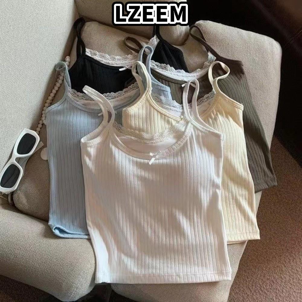 LZEEM Ren Cami Top, Spaghetti Dây Ren Viền Spaghetti Dây Đeo Tank, Nơ Dễ Thương Accent Slim Fit Màu 