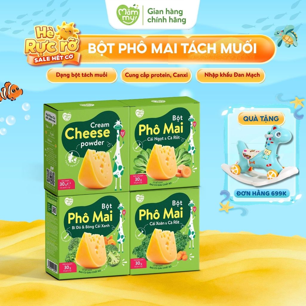 Phô mai tách muối ăn dặm Mămmy gia vị ăn dặm thơm ngon, giàu canxi cho bé ăn dặm, hộp 10 gói,3g/ gói