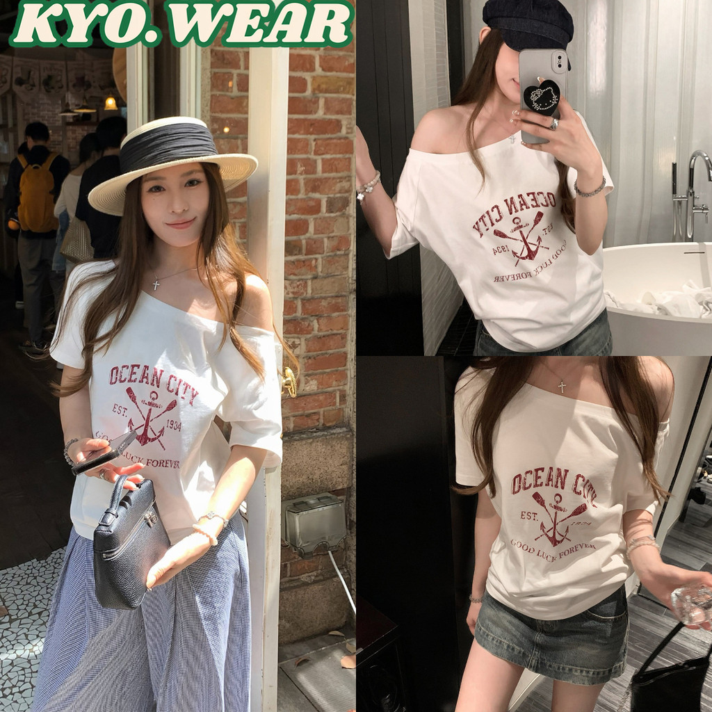 Áo trễ vai nữ phong cách Hàn Quốc KYO in họa tiết "OCEAN CITY"​​ Vải Cotton OVERSIZE Không Cần Sắt C
