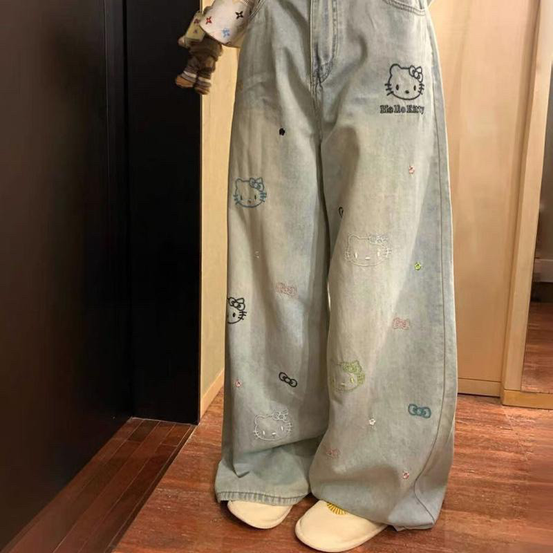 (87+97cm) Quần jean nữ ống suông rộng QC thêu nấm dài 87/97cm size SML Shop Nhí ( 7203 - Quần suông 