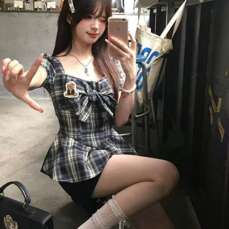 Preppy Style Pattern Top Nữ Mùa Hè Nóng Kim Cương Áo Sơ Mi Tay Ngắn