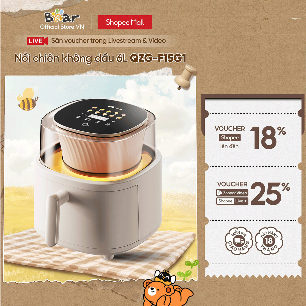 Nồi Chiên Không Dầu 6L Bear QZG-F15G1 - Hàng Chính Hãng