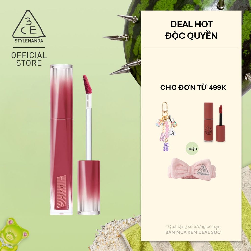 Son Tint Hiệu Ứng Pha Lê 3CE Misty Lip Bare Mỏng Nhẹ Trong Veo, Bền Màu, Mịn Mượt, Không Bết Dính