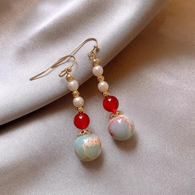 Pinkdudu Thủ Công Đá Shoushan Đỏ Mã Não Giả Ngọc Trai Móc Tai Vintage Nghệ Thuật Thanh Lịch Tòn Ten Bông Tai Nữ Trang Sức Thanh Lịch PD2629
