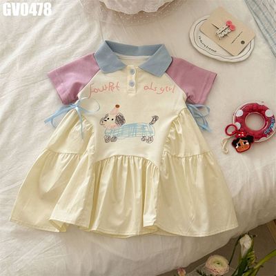 Váy Polo Bé Gái Dáng Xòe Phối Màu Pastel In Chú Chó Thắt Nơ Hai Bên MINTSCLOSET GV0478
