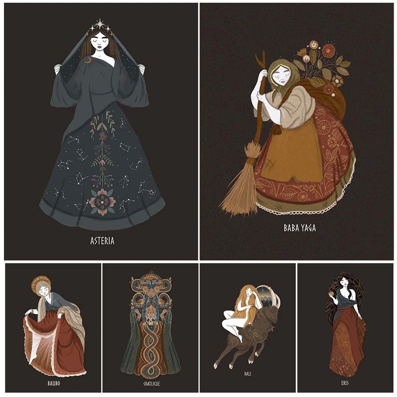 Baba Yaga Phù Thủy, Gaia, Eris Và Asteria Nữ Thần Vintage Nghệ Thuật Treo Tường Canvas In Pagan Wicc