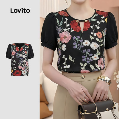 Lovito Áo Kiểu Nữ Mùa Xuân/hè Tay Phồng Ngắn Cổ Chữ V Xẻ Họa Tiết Hoa Thích Hợp Mặc Hàng Ngày LR35E058