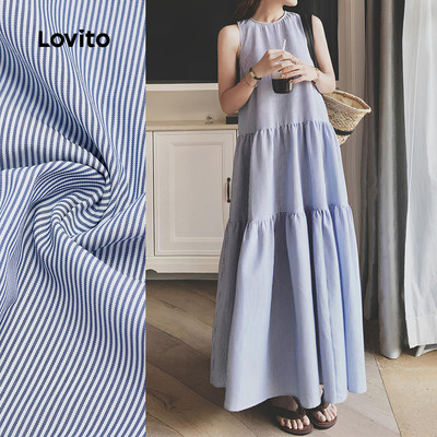 Lovito Kỳ nghỉ Đầm Dáng Xếp Tầng Đi Nghỉ Mát Mùa Xuân/hè Màu Xanh Dương Dành Cho Nữ L154LD236