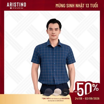 ARISTINO Áo Sơ Mi Nam Ngắn Tay Kẻ Nâu Regular Fit ASS612EDP01 Xanh Tím Than Bamboo Thoáng Mát Thấm Hút Co Giãn
