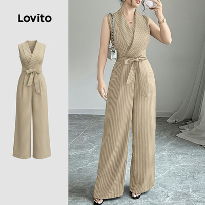 Jumpsuit Lovito phong cách thường ngày cột dây mùa xuân/hè màu kaki cho nữ LK4AD415