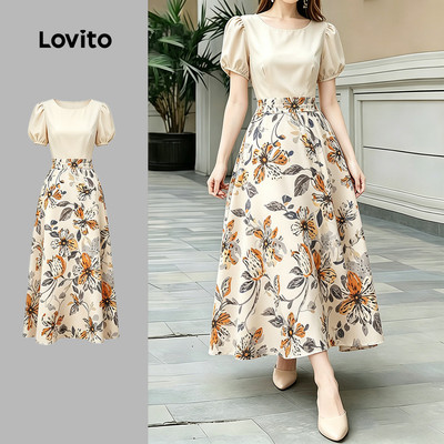 (New Arrival) Lovito Đầm nữ hoa phối vải màu khối phong cách thanh lịch mùa xuân/hè L196ED769