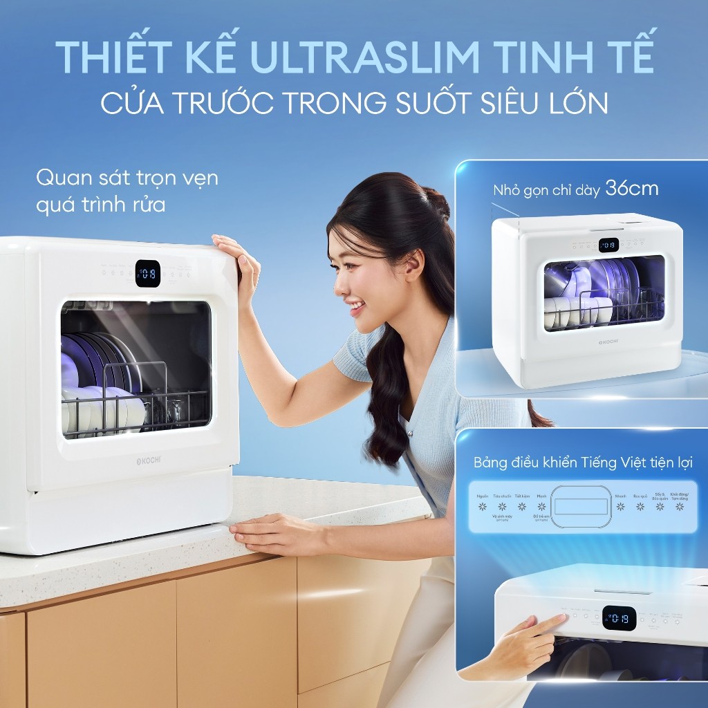✨ [Mới] Máy Rửa Chén Bát Để Bàn KOCHI C510 - 6 Bộ - Cửa trong suốt - Rửa Nước Nóng 75°C - Sấy PTC -K