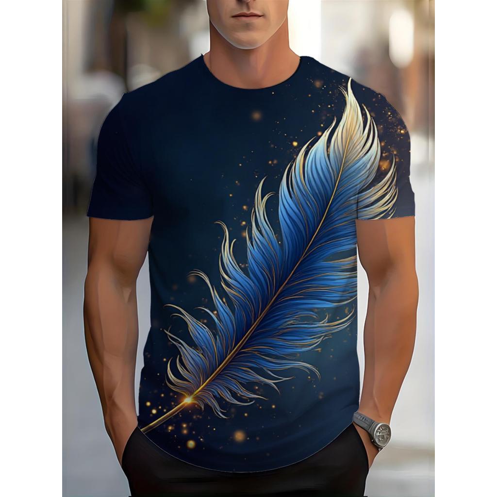 Áo thun nam cao cấp Ethereal Blue Feather & Golden Glow Print - Cổ tròn chuyển màu mềm mại