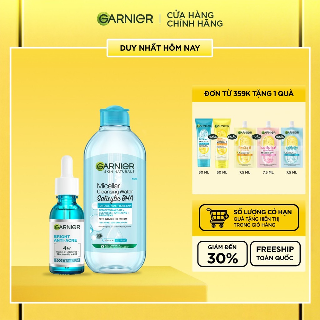 Bộ đôi dưỡng chất và nước tẩy trang làm sạch sâu, giảm mụn Garnier (mới)
