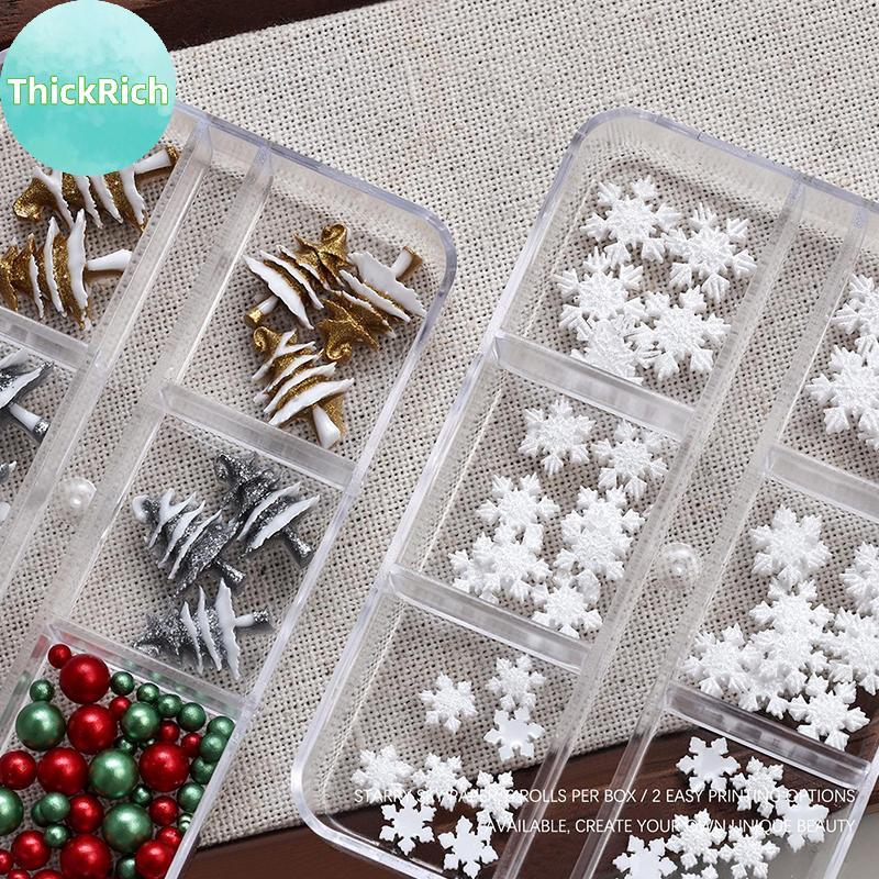 ThickRich 6 Lưới / hộp Giáng Sinh Hạt Đỏ / Xanh Lá Cây Giáng Sinh Bông Tuyết Móng Tay Kim Cương Giả 