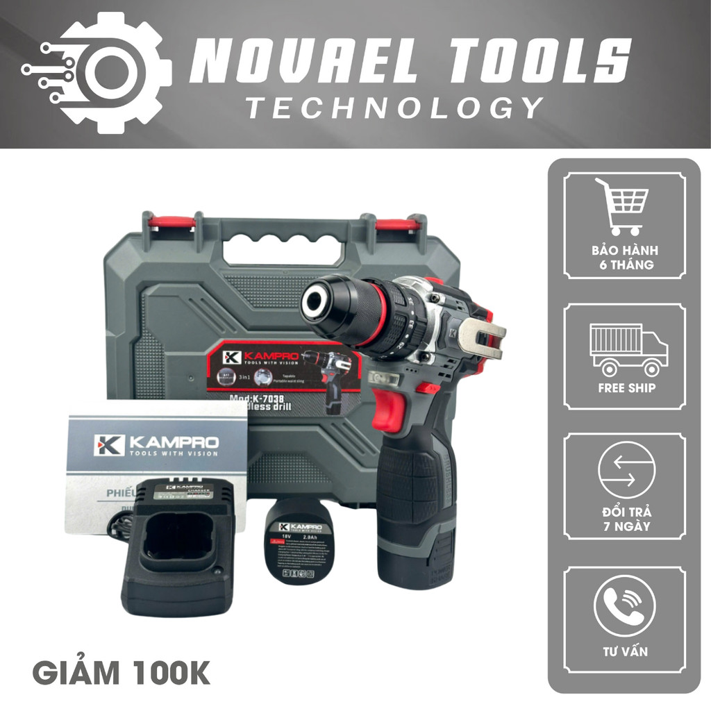 Máy Khoan Pin Kampro K-7038, 3 Chức Năng, Đầu Kẹp Autolock, Động Cơ Không Chổi Than