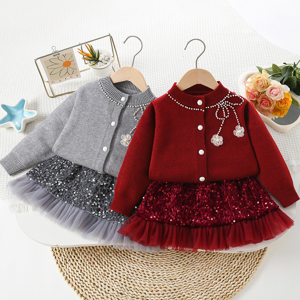 Bộ áo len trẻ em Đính cườm Dây chuyền dệt kim Cardigan Váy tươi sáng Đầm công chúa Magenta