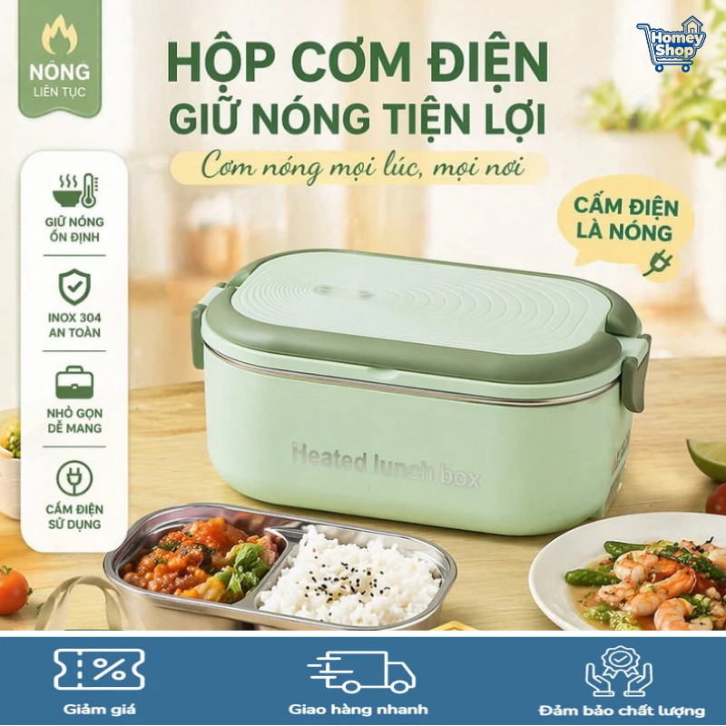 Hộp Cơm Cắm Điện Lunch Box,Hai Ngăn, Khay Inox 304, Dung Tích 1.2 Lít, Hâm Nóng Nhanh-HomeyShop