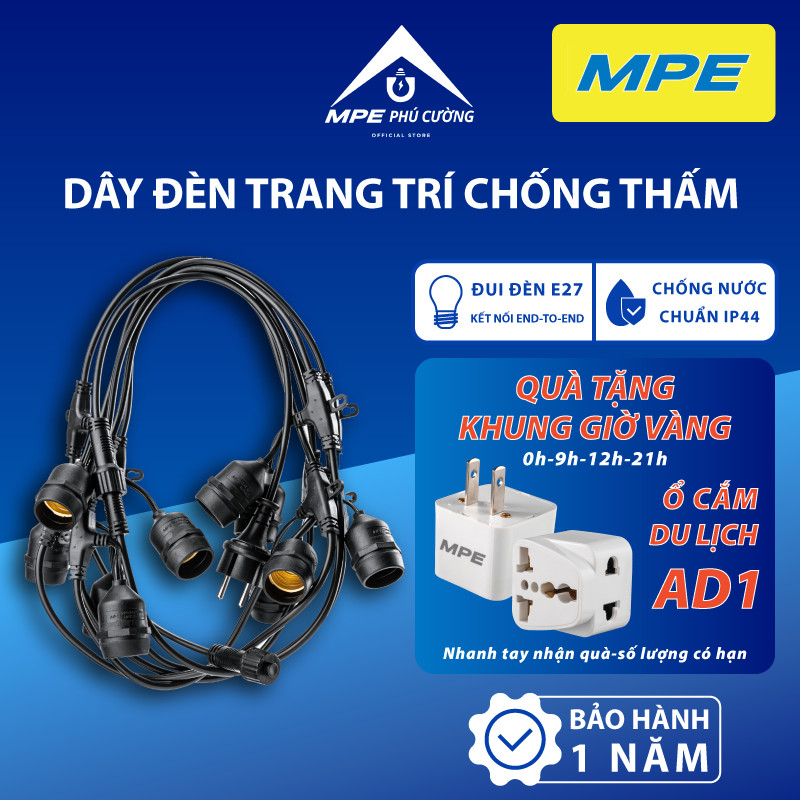 (CHÍNH HÃNG) MPE - Dây đèn trang trí ngoài trời bộ 10-15-20 đui đèn chống nước Chính hãng MPE Phú Cư