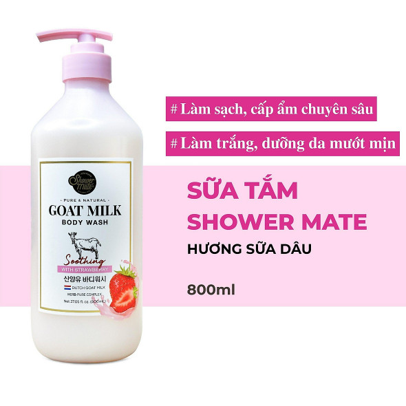 Sữa tắm cao cấp Hàn Quốc Aekyung Showermate Goatmilk Strawberry (Dưỡng ẩm, trắng da - Hương dâu) 800