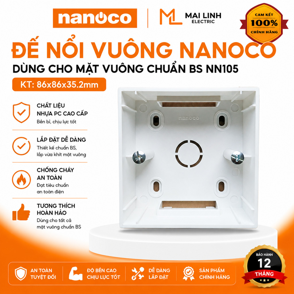 [CHÍNH HÃNG] Đế Nổi Vuông Dùng Cho Mặt Vuông Chuẩn BS NN105 Nanoco - KT: 86x86x35.2mm