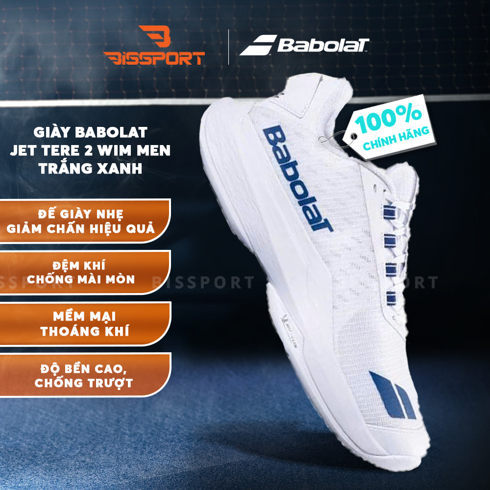Giày Tennis/Pickleball Babolat Jet Tere 2 Wimbledon Men Trắng Xanh Chính Hãng - Chống Chấn - Đế Bám 