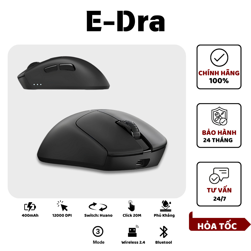 Chuột Gaming Không Dây EDRA EM629X Triple Mode 'USB + 2.4Ghz + Bluetooth' Pin 400mAh, Chip PAW 3311