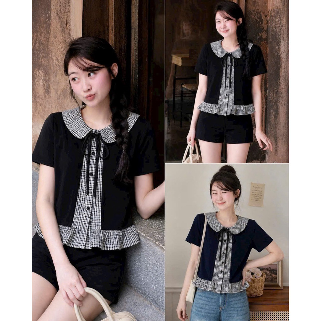 LI CHIC Áo kiểu 2in1 trơn phối kẻ cổ sen thắt dây 9028 HANG QC