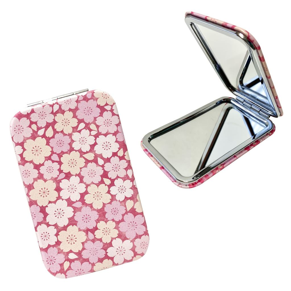 "Sakura Romance Compact Mirror - Portable Folding Hand Mirror with 1x & 2x Magnification, Cute Cherr