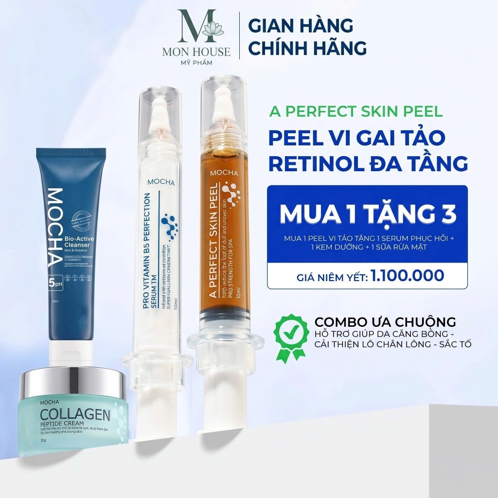 Bộ Peel Da Mocha 4 Bước Chính Hãng - Peel Vi Tảo Mix Retinol, Serum B5, Sữa Rửa Mặt B5, Kem Dưỡng Co