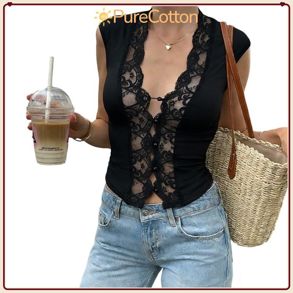 Áo nữ PURECOTTON0, Áo Crop Top ren rỗng, Slim Fit màu trơn không tay cổ chữ V hàng đầu Lễ hội âm nhạ