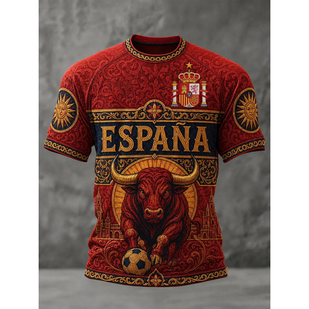 3D In Hình Tây Ban Nha Bóng Đá Vintage Sạc Bull Quốc Gia Crest Mặt Trời Biểu Tượng Cột Mốc Hoa Cuộn 