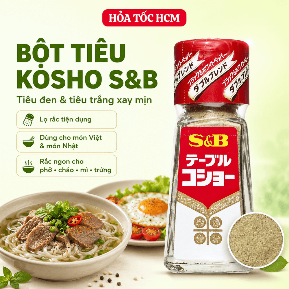 Bột tiêu Kosho S&B 20g Nhật Bản | Hỗn hợp tiêu đen và tiêu trắng xay mịn, lọ rắc tiện dụng