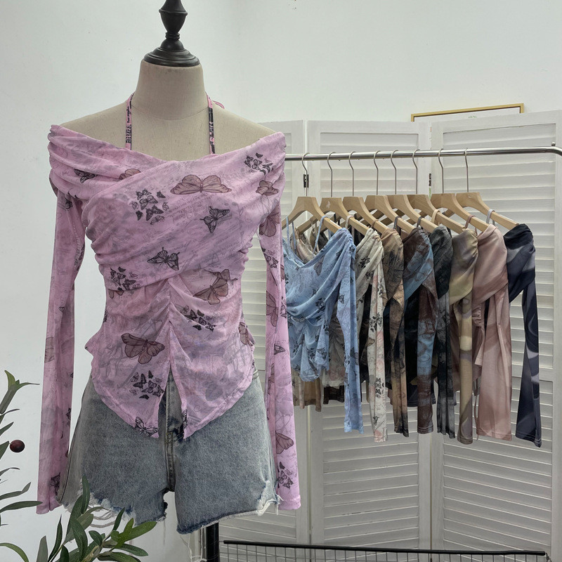 Real Shot Một Vai Ren Cổ Dây Nguyên Chất Desire Phong Cách Dài Tay Áo Thun Slim-Fit Cross Xếp Ly