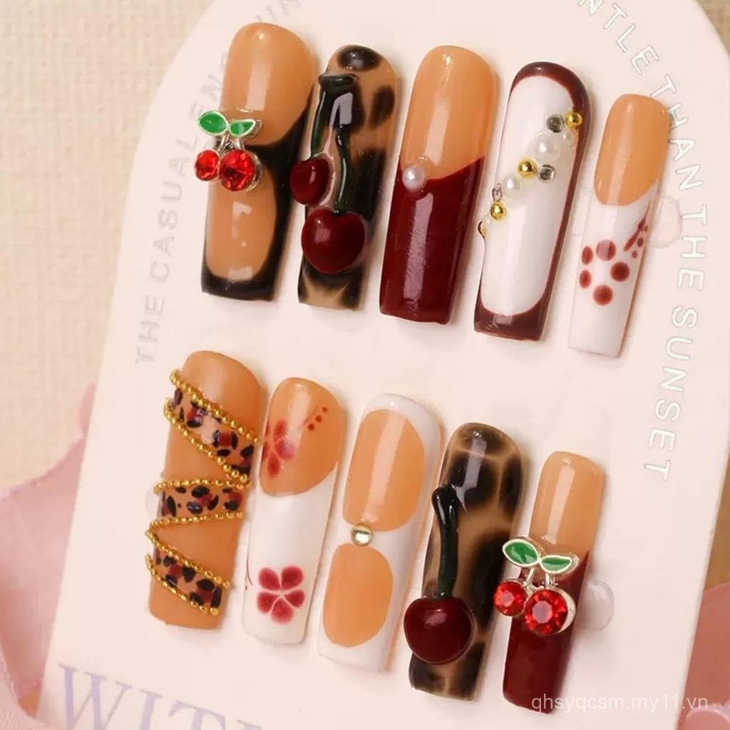 5D Handmade Press on Nails with Charms Long Almond Nails Press ons- Kim cương giả Ngọc trai Bướm Món