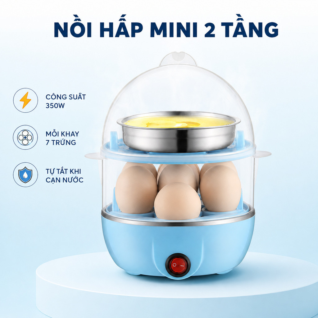 Máy Luộc Trứng Hấp Thức Ăn Đa Năng 2 Tầng, Nồi Hấp Bánh Bao, Rau Củ, Hải Sản