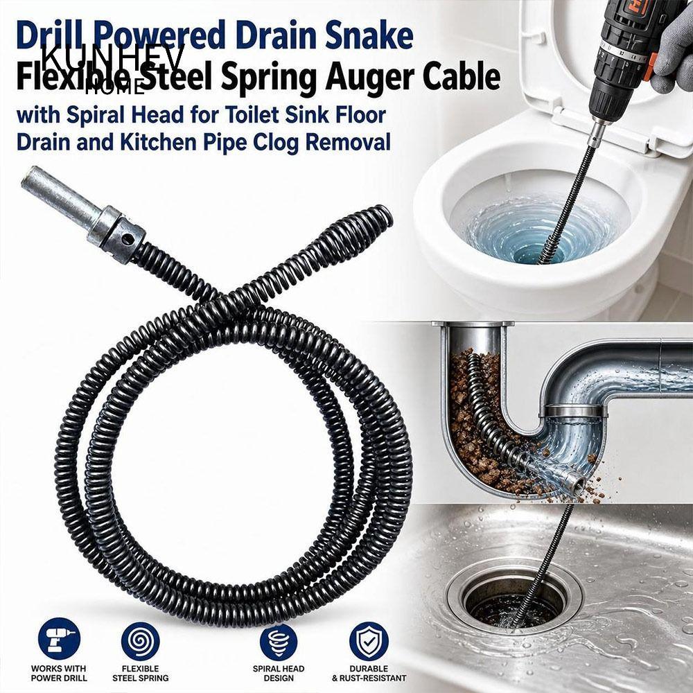 KUNHEV Plumbing Snake, Rắn thoát nước bằng thép lò xo linh hoạt, Đầu xoắn ốc có thể uốn cong Cáp thá