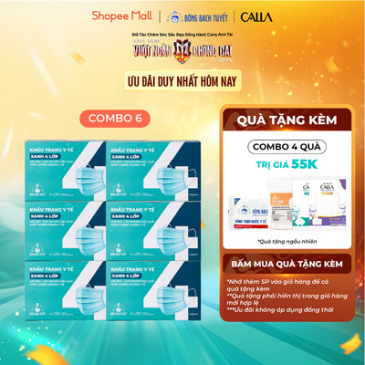 Combo 6 Hộp Khẩu trang Bông Bạch Tuyết 4 lớp xanh (50 cái/hộp)