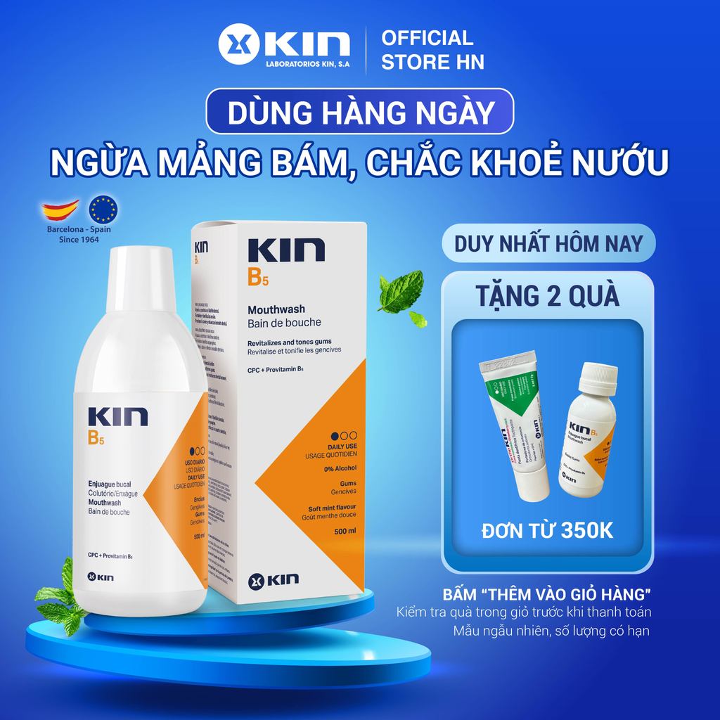 Nước Súc Miệng Kin B5 Sạch Mảng Bám, Ngừa Tụt Lợi, Dùng Hàng Ngày, Chai 500ml