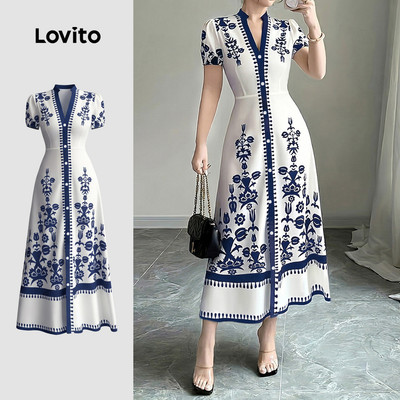Đầm nữ Lovito xanh dương trắng xuân hè phong cách resort thanh lịch LK4LD325