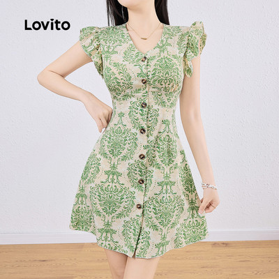 Đầm nữ Lovito Kỳ nghỉ rũ xếp nếp nút in bộ lạc L132AD1080