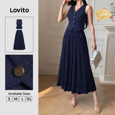 (New Arrival) Lovito Áo hoặc Váy Nữ Màu Xanh Navy Mùa Xuân Hè Thanh Lịch Nút Cài Trước Xếp Ly KSK8BR162