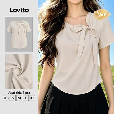 (New Arrival) Lovito Áo sơ mi nữ màu mơ xuân/hè cổ bèo dây buộc bất đối xứng BLK8P2D468