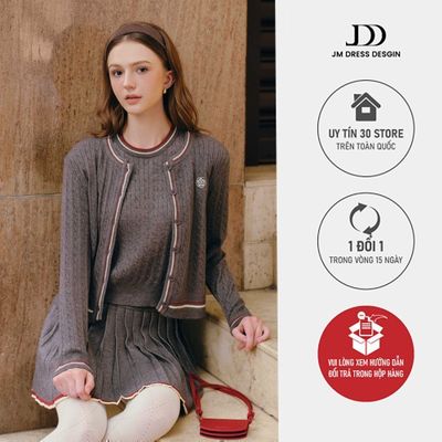 Set Len Áo Cổ Tròn Và Chân Váy Dập Ly  2KS01.2512. Set Len Nữ Thiết Kế JM Thanh Lịch Thu Đông, Áo Cardigan 2K14.2512 JM