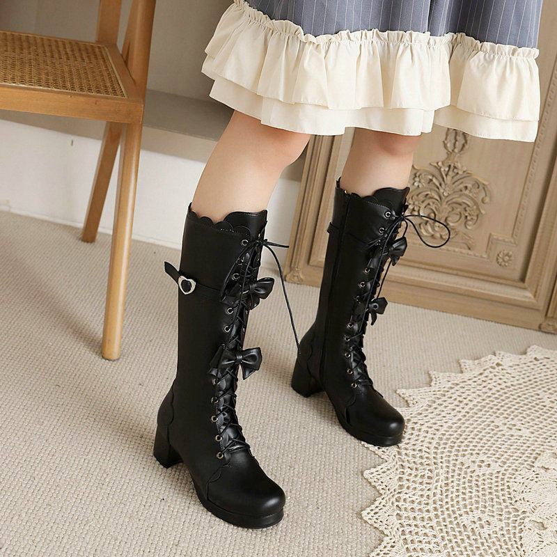 Mùa Thu Đông Phong Cách Mới Nữ Giày Dài Đến Đầu Gối LOLITA Giày Nữ LOLITA Ống Ren Nơ Đầm Giày Bốt