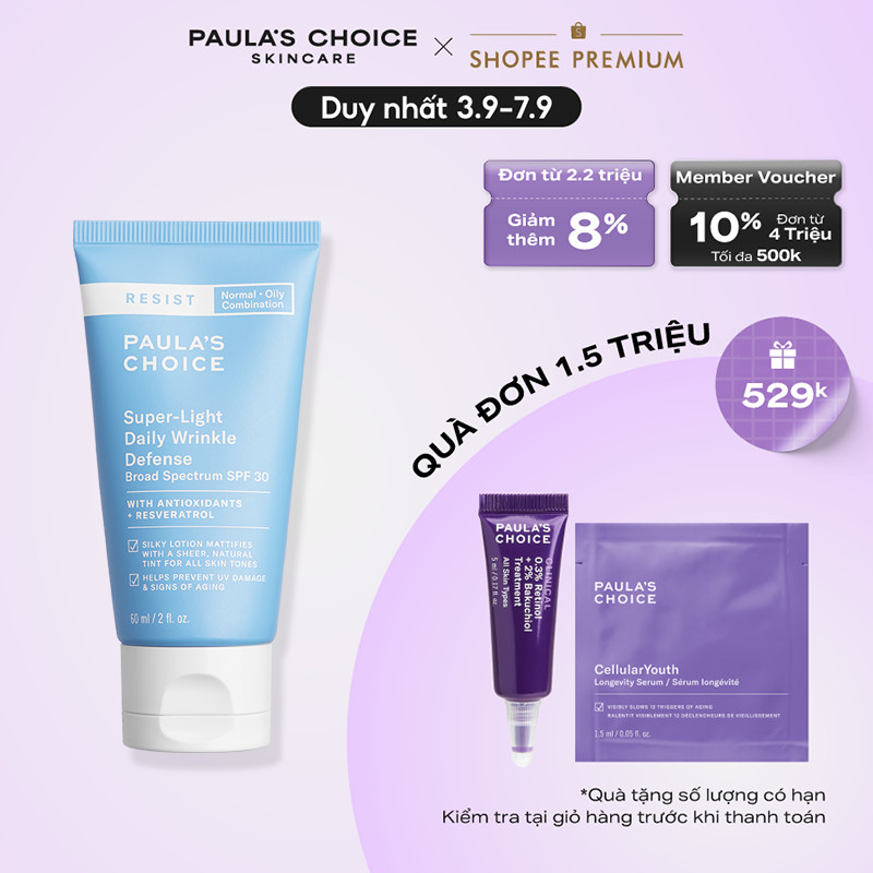 Kem chống nắng nâng tone cấp ẩm Paula's Choice Resist Super-Light Daily Wrinkle Defense Broad Spectrum SPF 30 60ml 7760