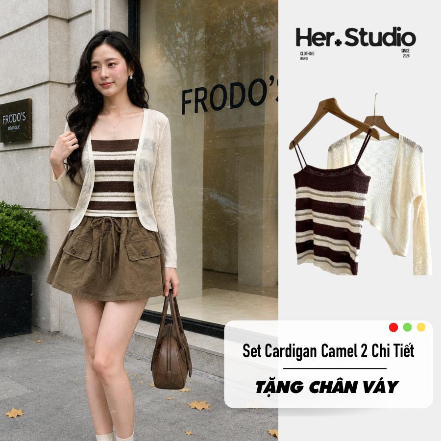 Tặng Chân Váy - Set Áo Len Nữ 2 Món Cardigan Len Mỏng HER.STUDIO + Áo Hai Dây Dệt Kim Sọc Ngang, Pho